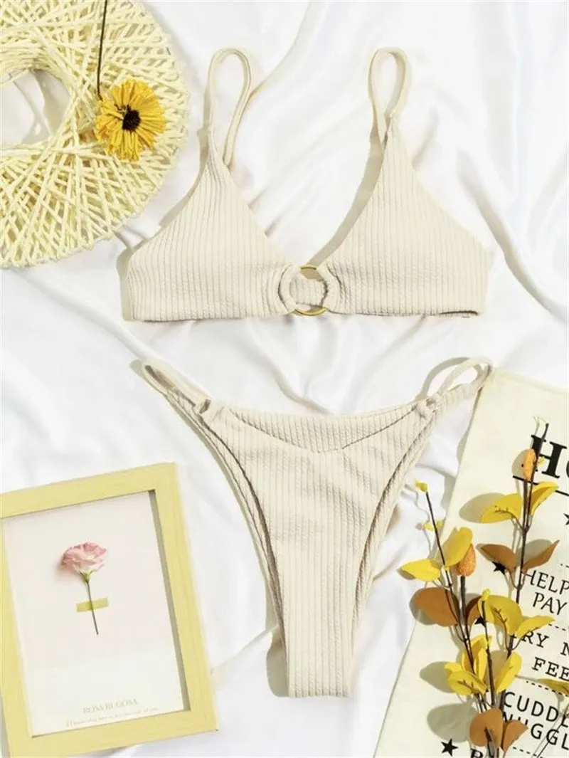 High Cut Rib Swimwear Solid Beachwear Bathing Suits Rings Bikini Sets Hollow Out Swimsuit