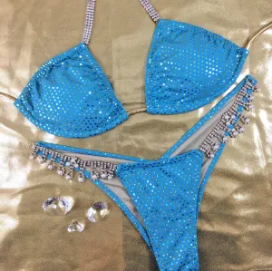Jasmine Blue/Gold Sequin Dot Large Top/MIDCOVERAGE Cheeky Quick Ship