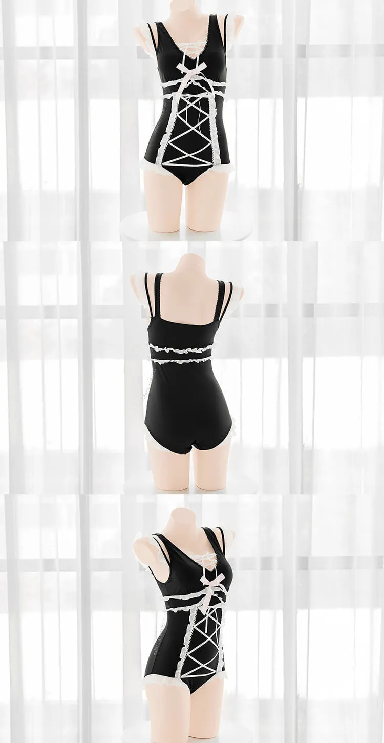 Kawaii Cute Lace Up Bow One Piece Swimsuit