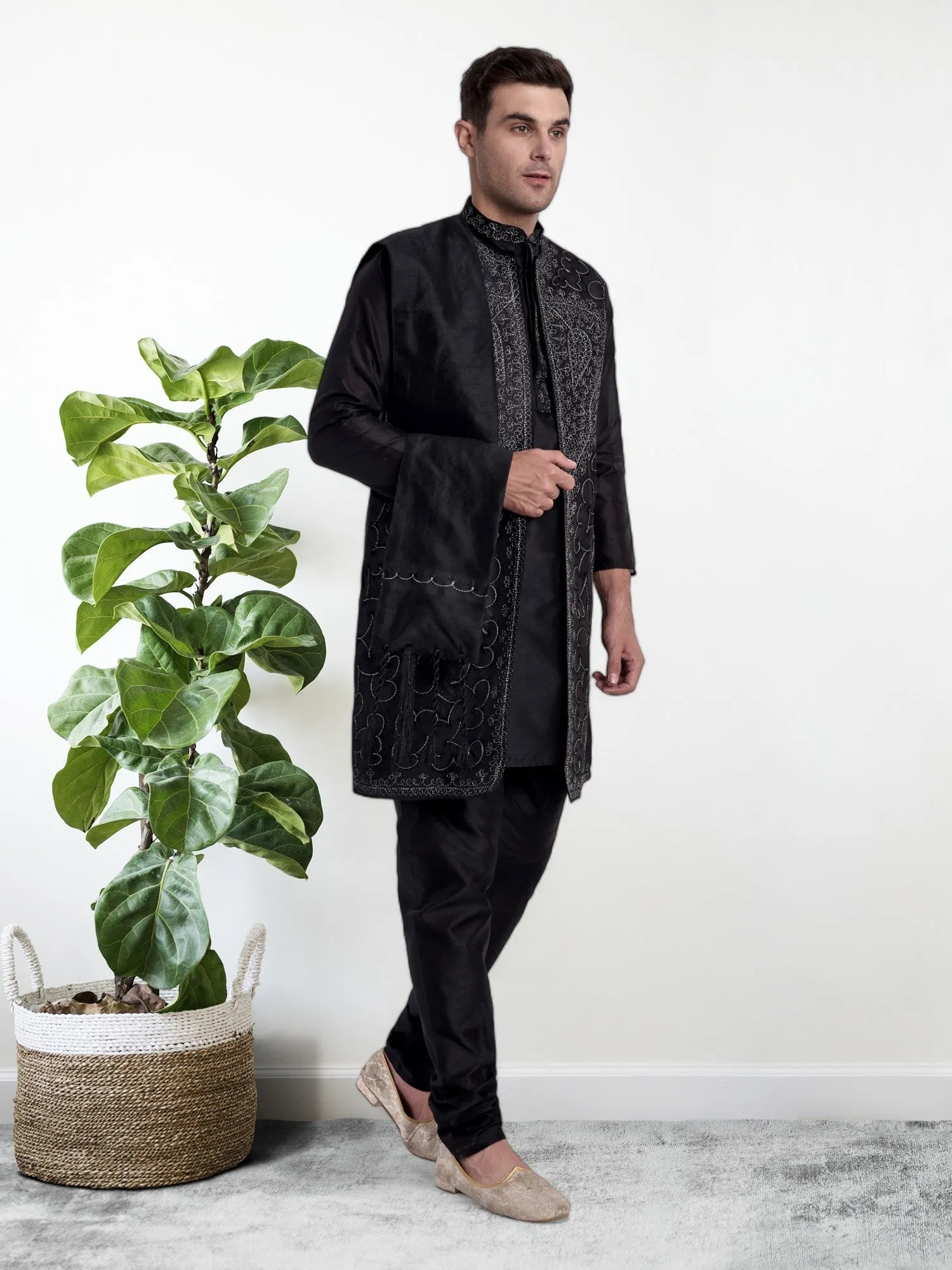 Kurta Pajama For Men With Jacket And Stole Festival Wedding Party Dress Set Black