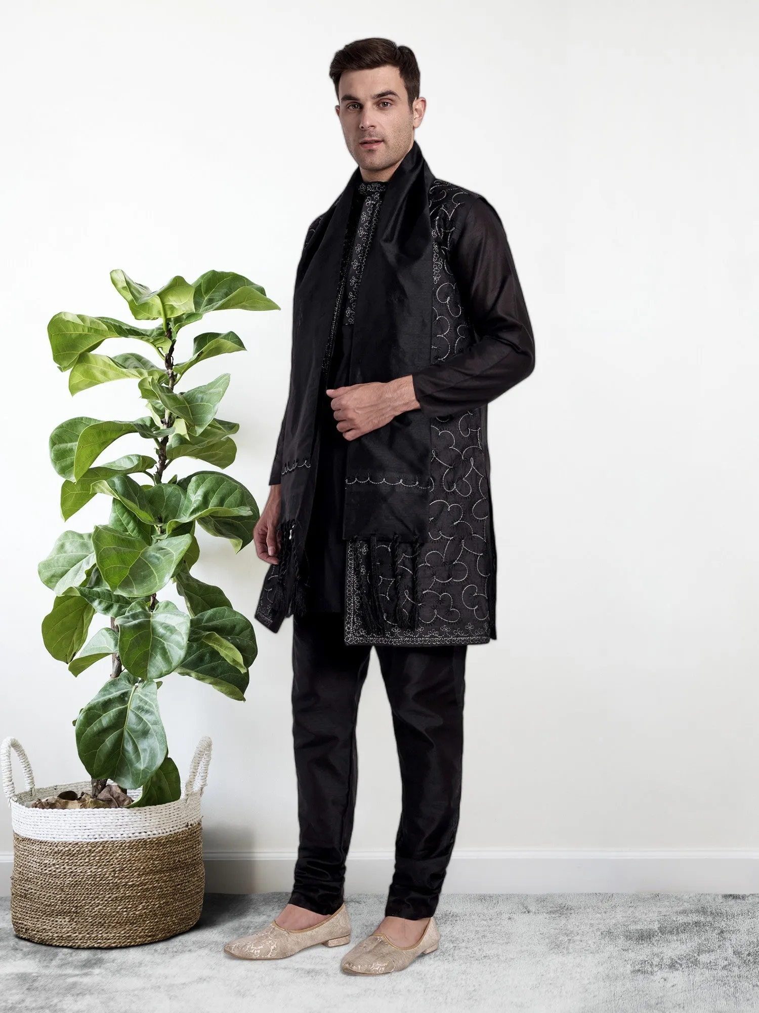 Kurta Pajama For Men With Jacket And Stole Festival Wedding Party Dress Set Black