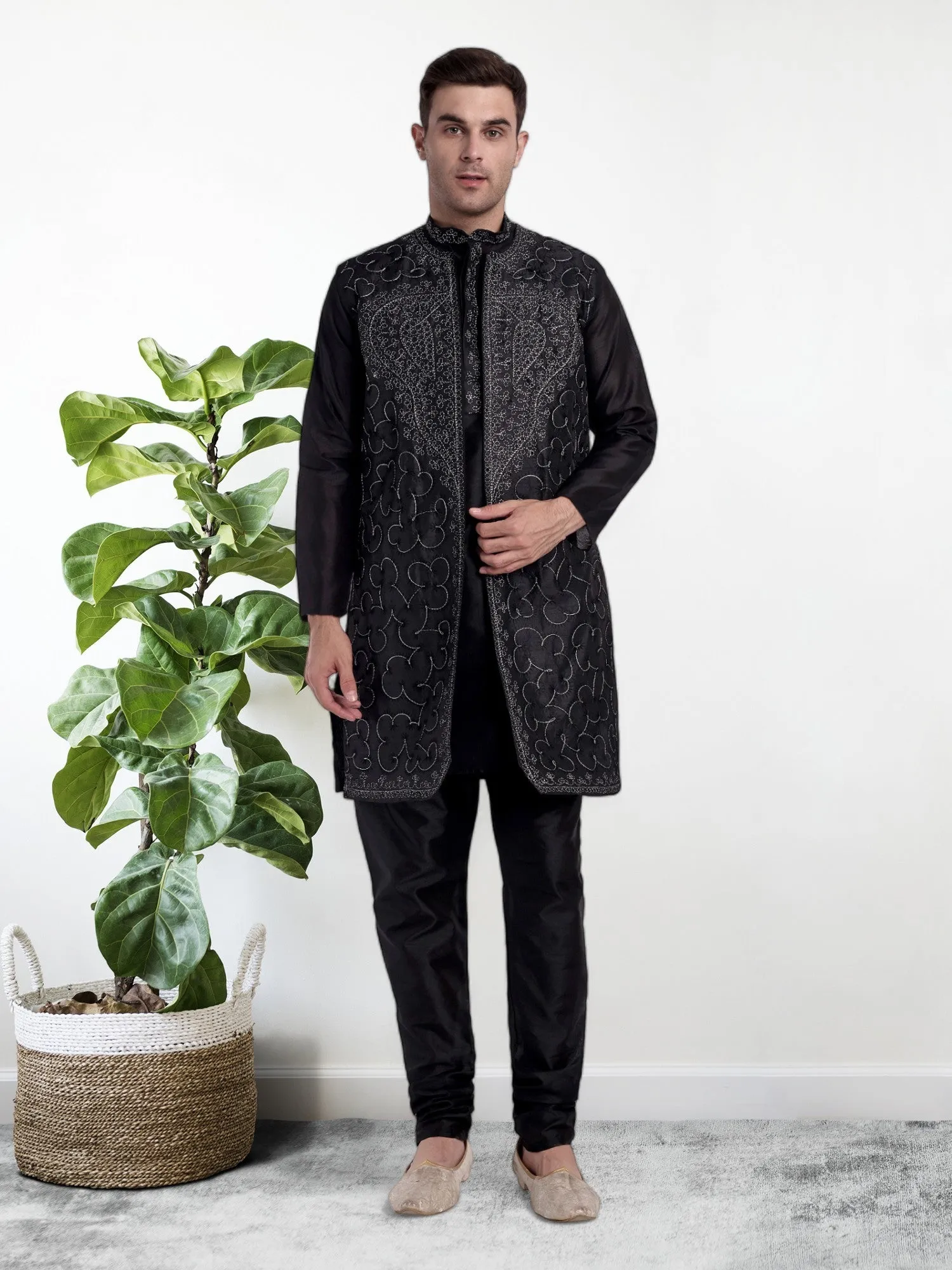 Kurta Pajama For Men With Jacket And Stole Festival Wedding Party Dress Set Black