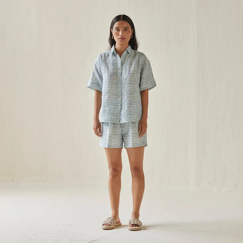 Linen Co Ord Set For Women | Shirt & Shorts | Elasticated Waist | Blue