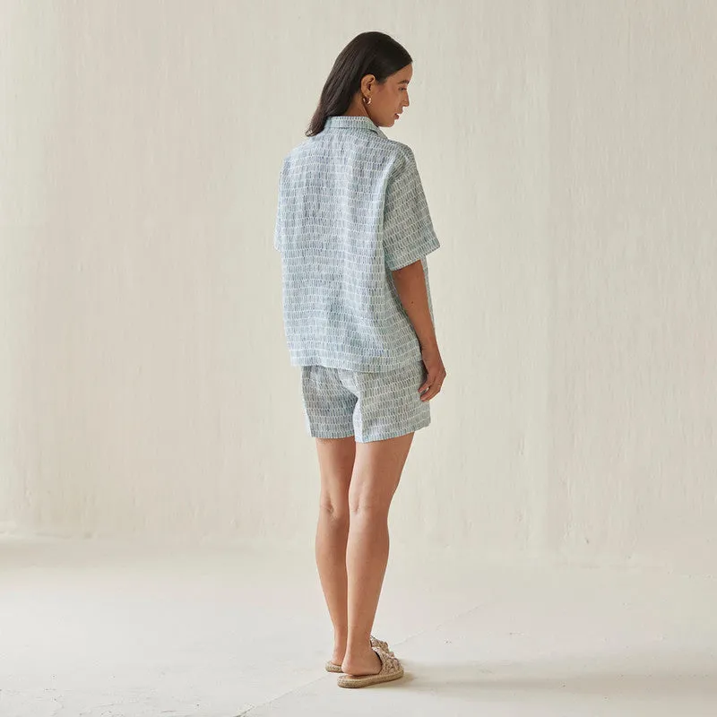 Linen Co Ord Set For Women | Shirt & Shorts | Elasticated Waist | Blue