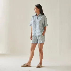 Linen Co Ord Set For Women | Shirt & Shorts | Elasticated Waist | Blue