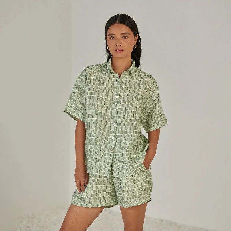 Linen Co Ord Set For Women | Shirt & Shorts | Elasticated Waist | Green