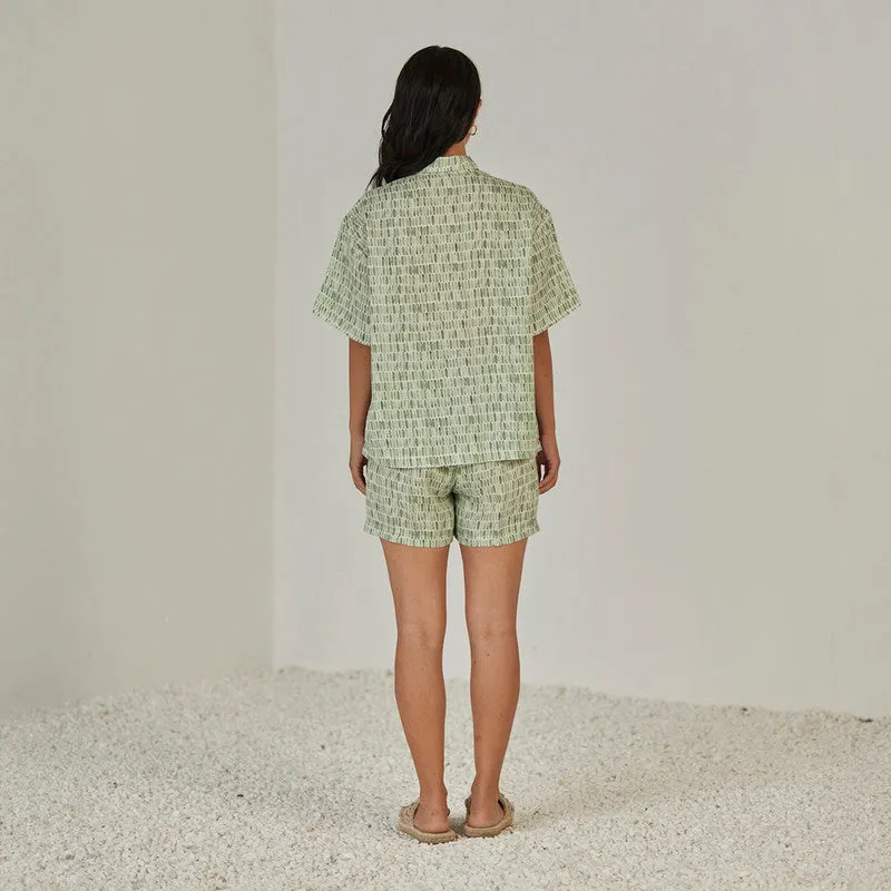 Linen Co Ord Set For Women | Shirt & Shorts | Elasticated Waist | Green