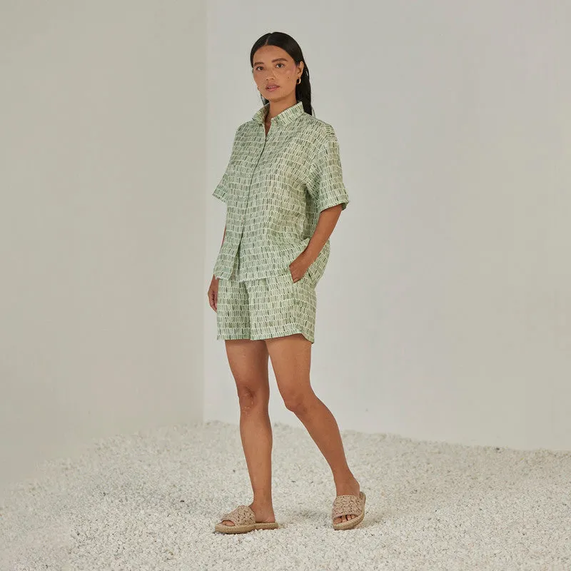 Linen Co Ord Set For Women | Shirt & Shorts | Elasticated Waist | Green