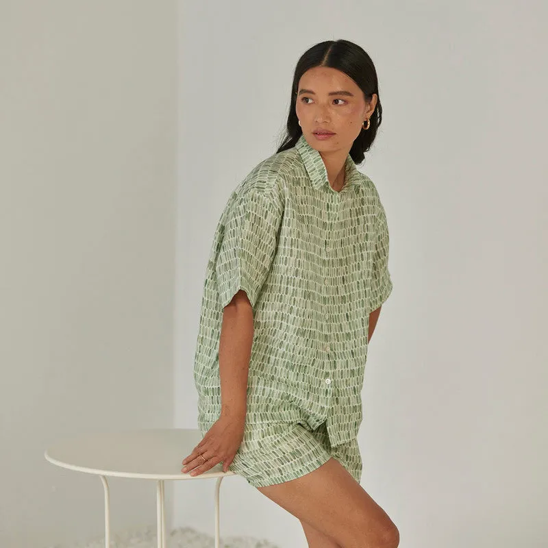 Linen Co Ord Set For Women | Shirt & Shorts | Elasticated Waist | Green