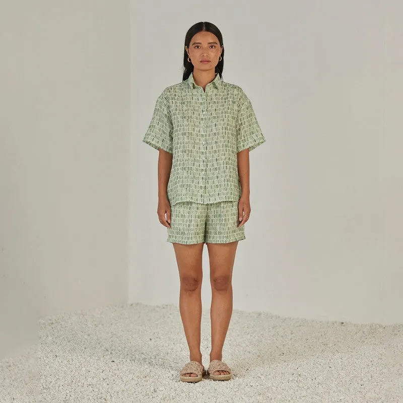 Linen Co Ord Set For Women | Shirt & Shorts | Elasticated Waist | Green
