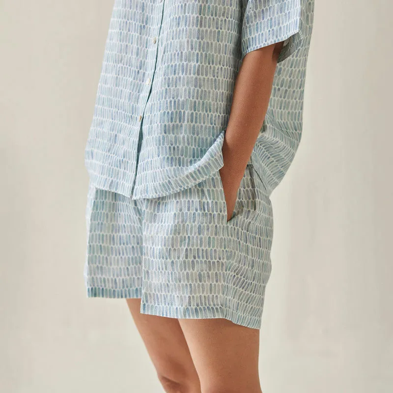 Linen Shorts For Women | Elasticated Waist | Watercolour Print | Blue