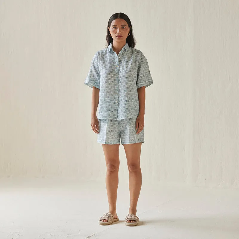 Linen Shorts For Women | Elasticated Waist | Watercolour Print | Blue