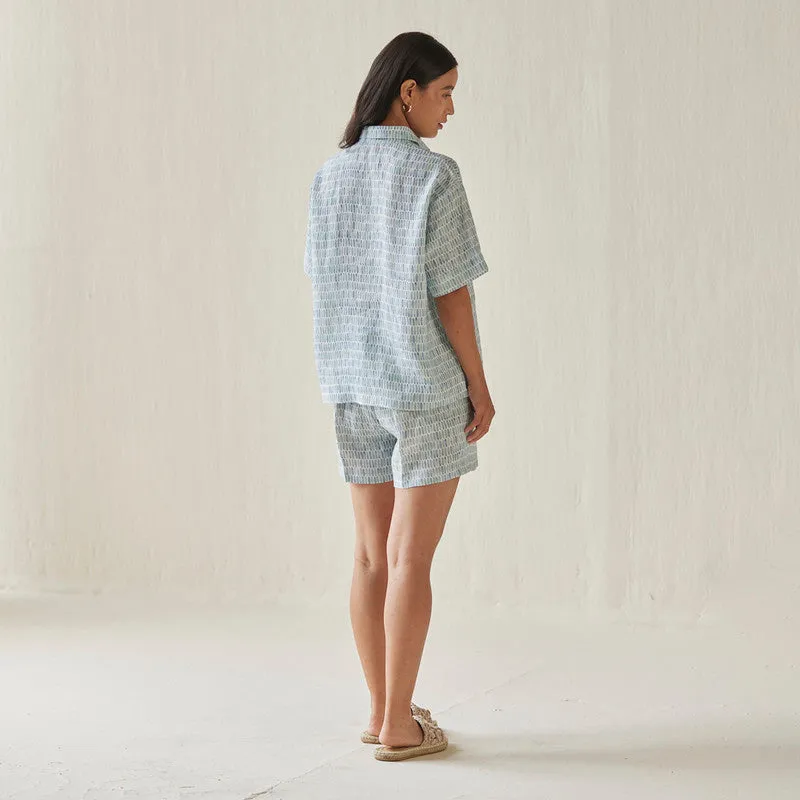 Linen Shorts For Women | Elasticated Waist | Watercolour Print | Blue