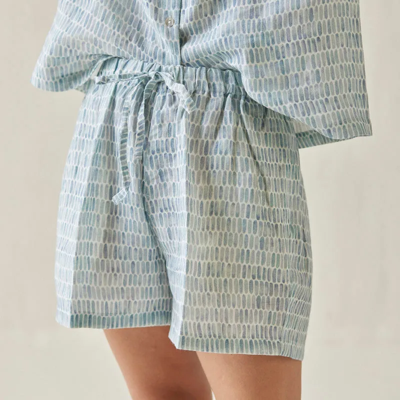 Linen Shorts For Women | Elasticated Waist | Watercolour Print | Blue