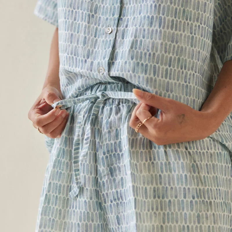 Linen Shorts For Women | Elasticated Waist | Watercolour Print | Blue