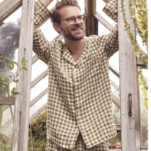 Men's Botanical Green Gingham Linen Pyjama Shirt