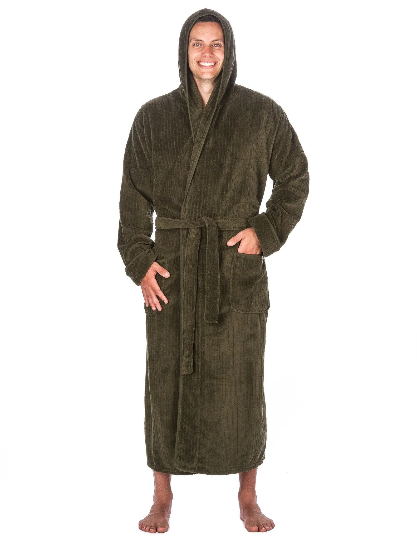 Men's Premium Coral Fleece Long Hooded Plush Spa/Bath Robe - Olive