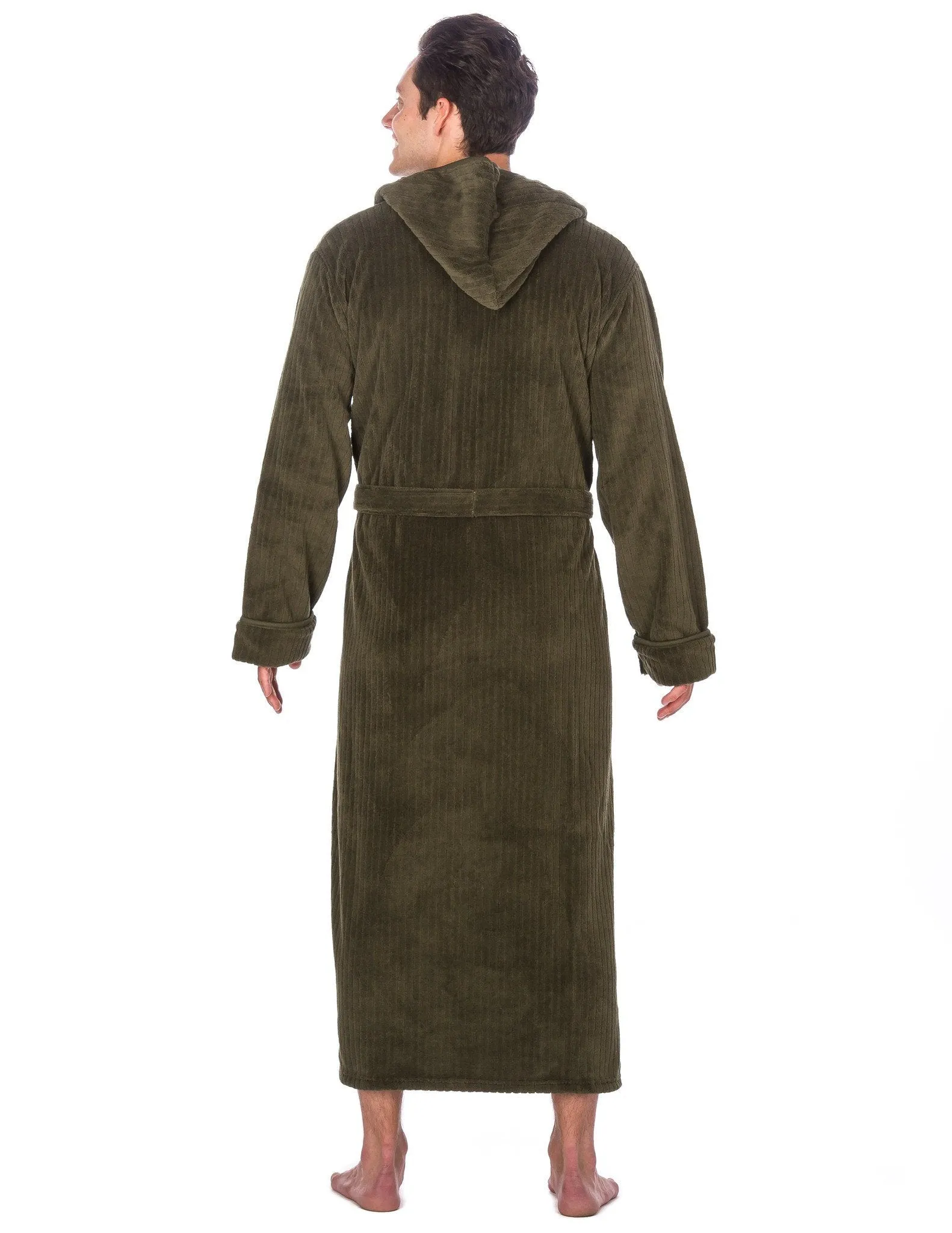 Men's Premium Coral Fleece Long Hooded Plush Spa/Bath Robe - Olive