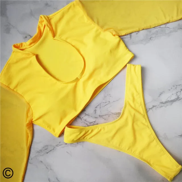 Mesh Sexy Long Sleeve High Cut Bikini