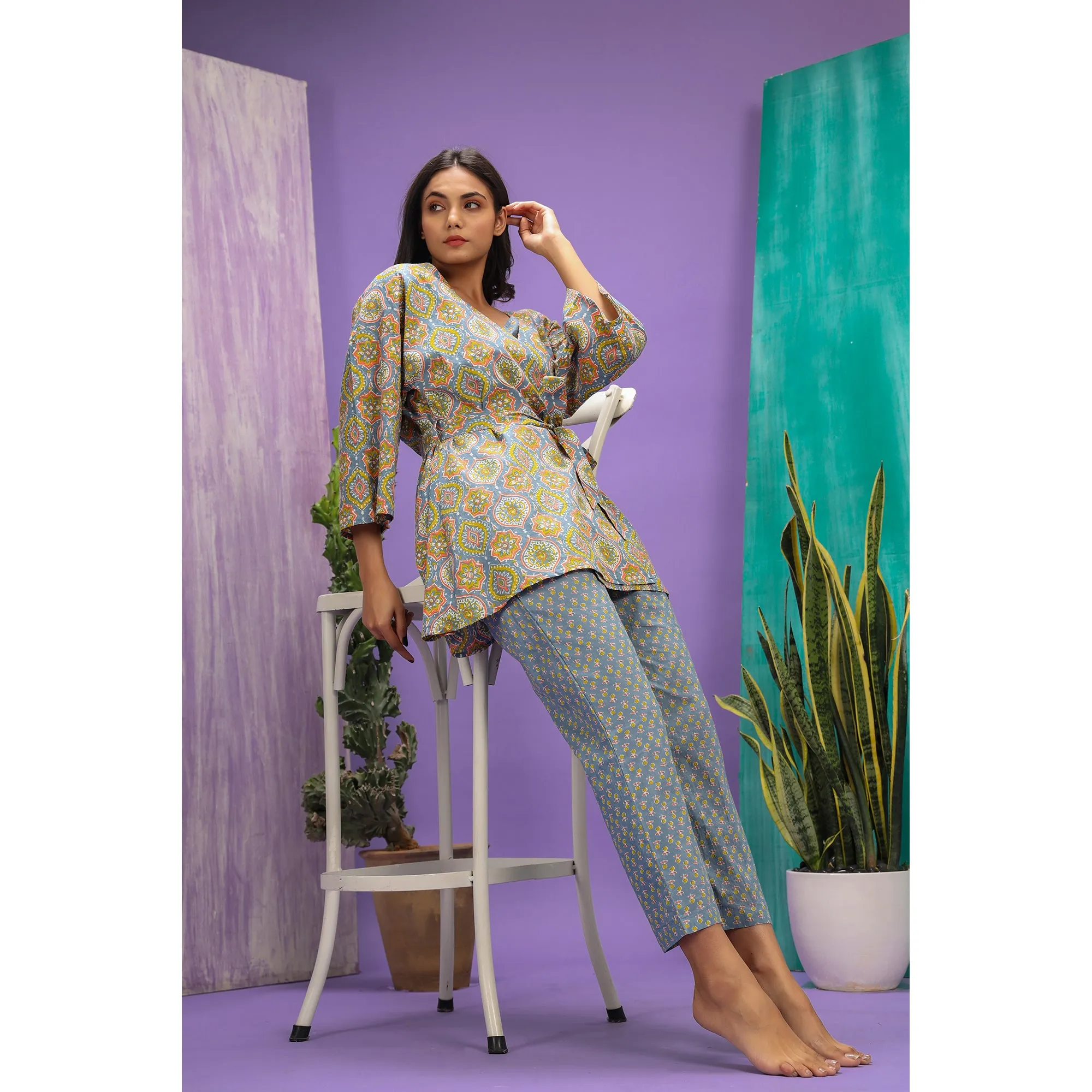 Mughal Coromandel on Grey Shrug Set