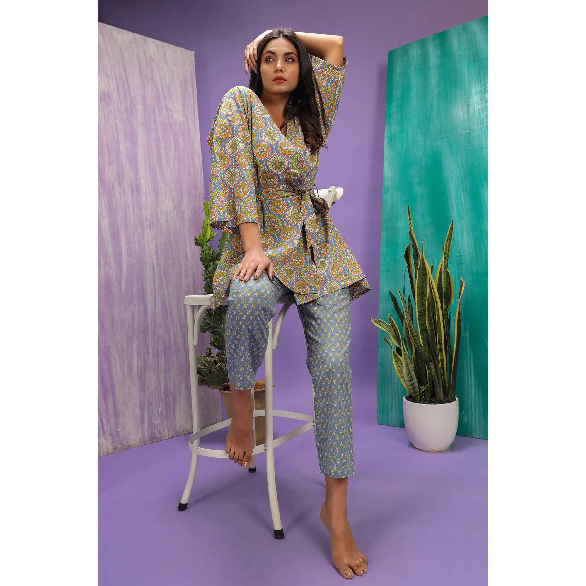 Mughal Coromandel on Grey Shrug Set