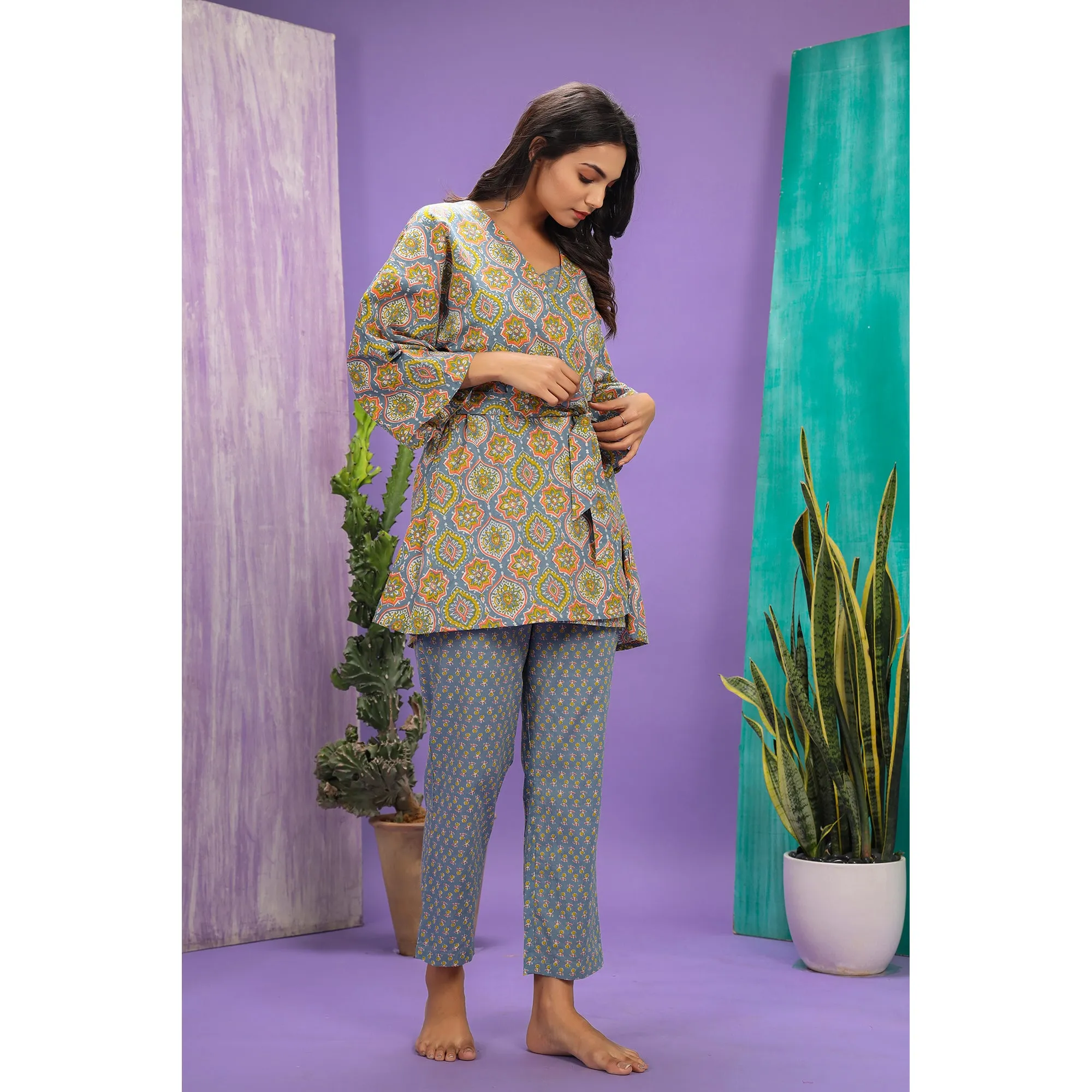 Mughal Coromandel on Grey Shrug Set