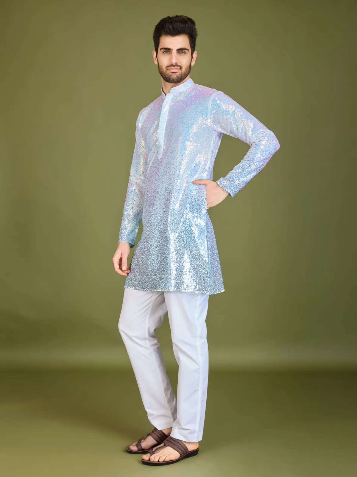 Ombre Blue Colour Soft Silk Heavy Thread Work With Sequines Work Kurta Payjama
