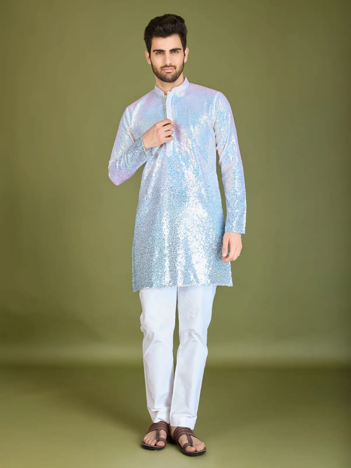Ombre Blue Colour Soft Silk Heavy Thread Work With Sequines Work Kurta Payjama