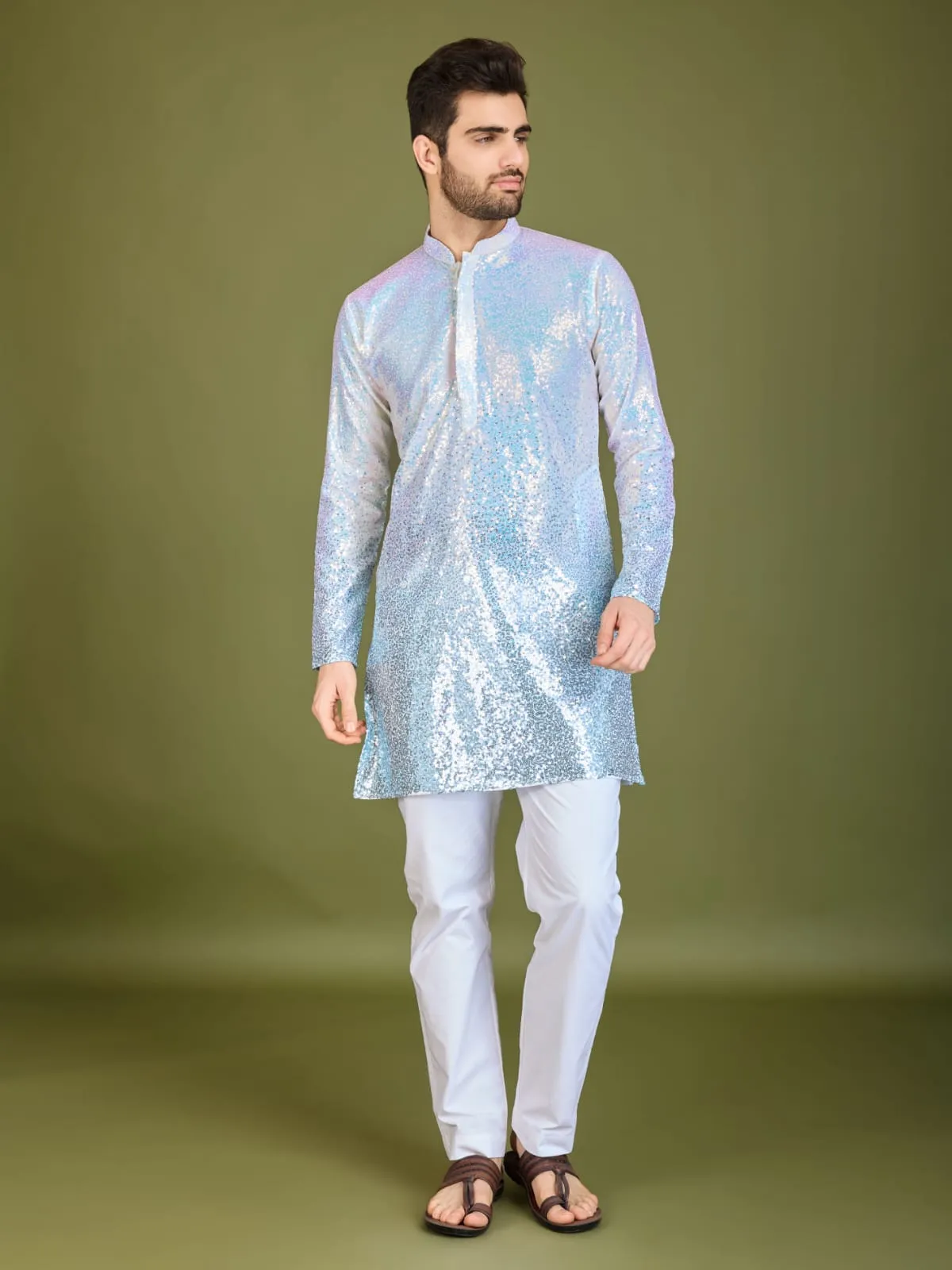 Ombre Blue Colour Soft Silk Heavy Thread Work With Sequines Work Kurta Payjama