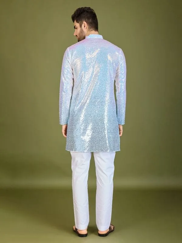 Ombre Blue Colour Soft Silk Heavy Thread Work With Sequines Work Kurta Payjama