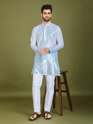 Ombre Blue Colour Soft Silk Heavy Thread Work With Sequines Work Kurta Payjama