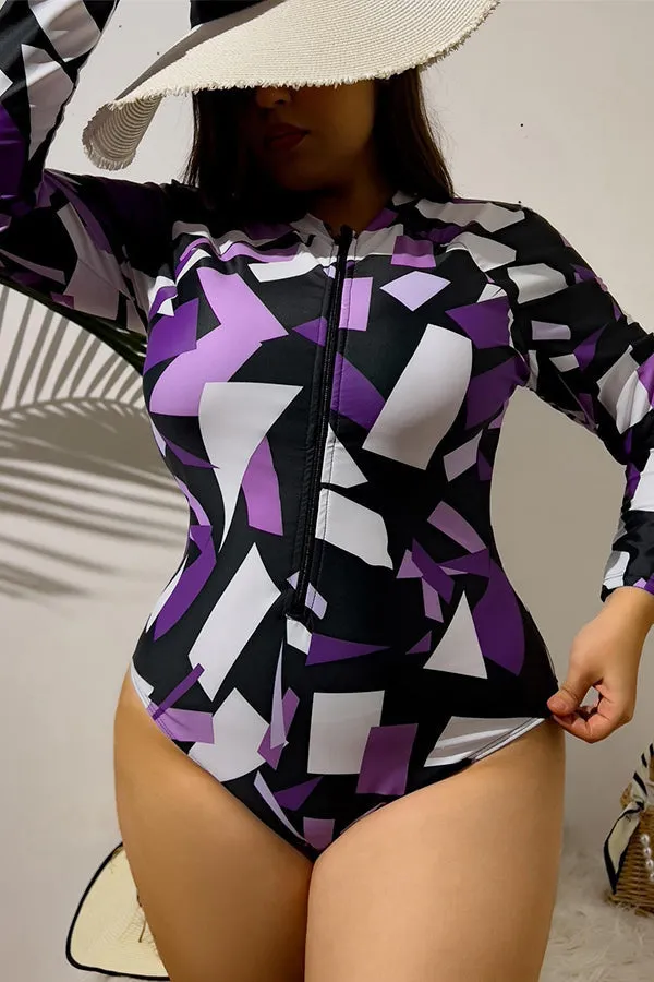 Plus Irregular Geometric Purple Print Long Sleeve Swimsuit UPF50  Rash Guard