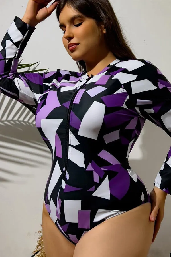 Plus Irregular Geometric Purple Print Long Sleeve Swimsuit UPF50  Rash Guard