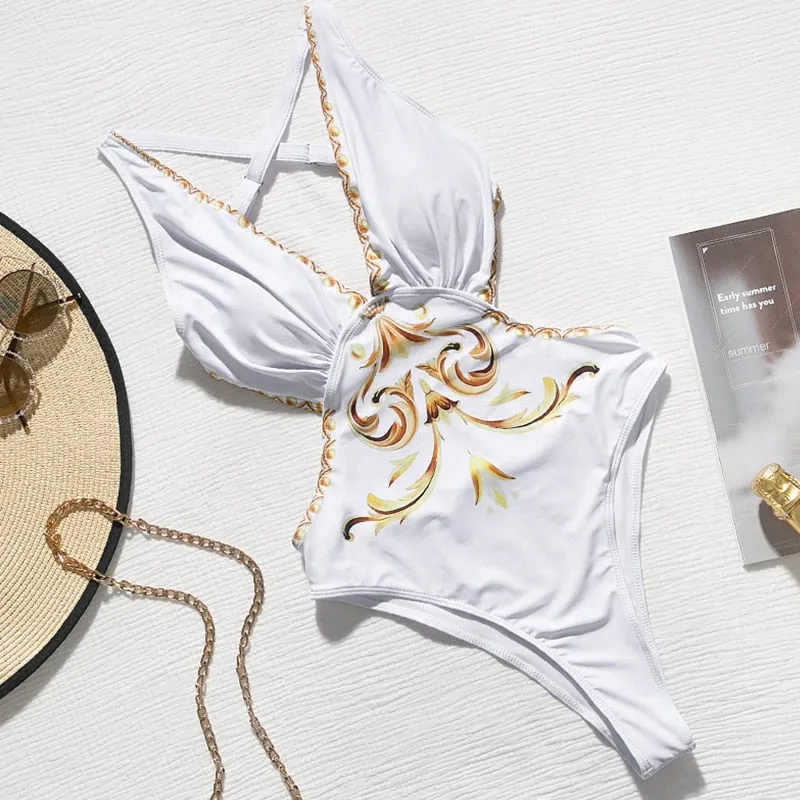 Print one piece swimsuit female Push up bodysuit Vintage high cut swimwear women swimsuit Bathers