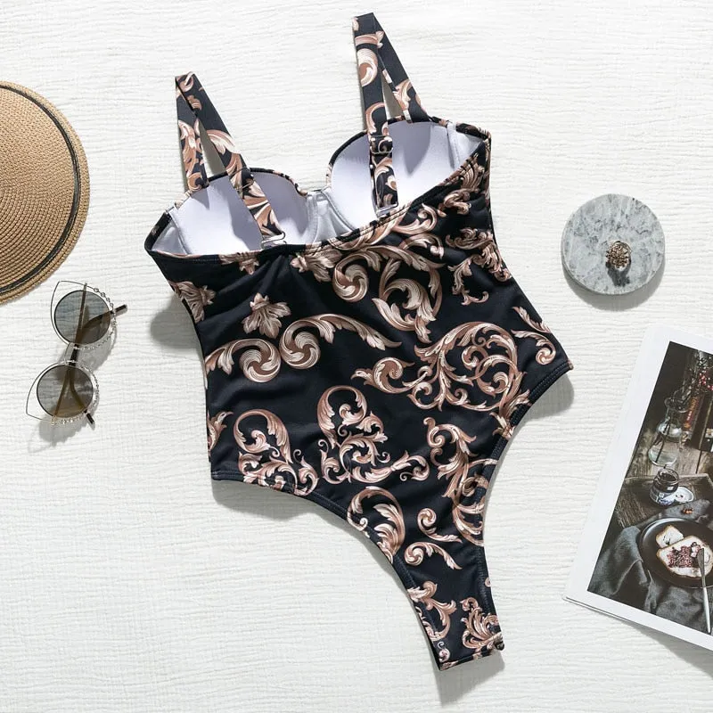 Print one piece swimsuit female Push up bodysuit Vintage high cut swimwear women swimsuit Bathers