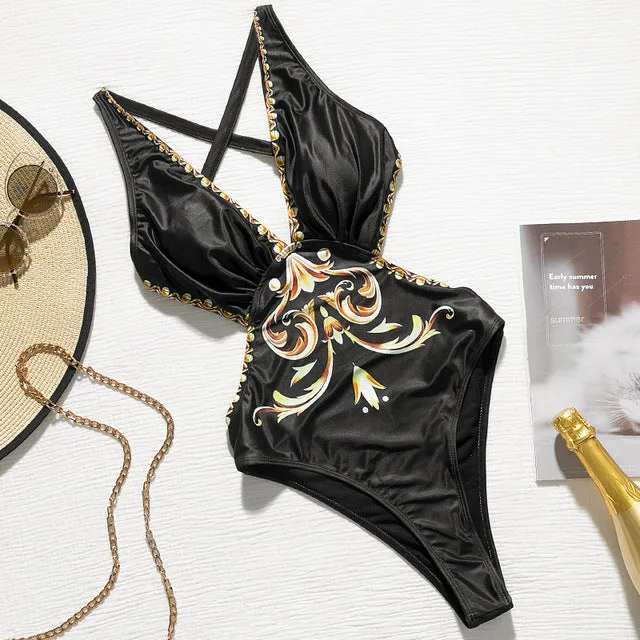 Print one piece swimsuit female Push up bodysuit Vintage high cut swimwear women swimsuit Bathers
