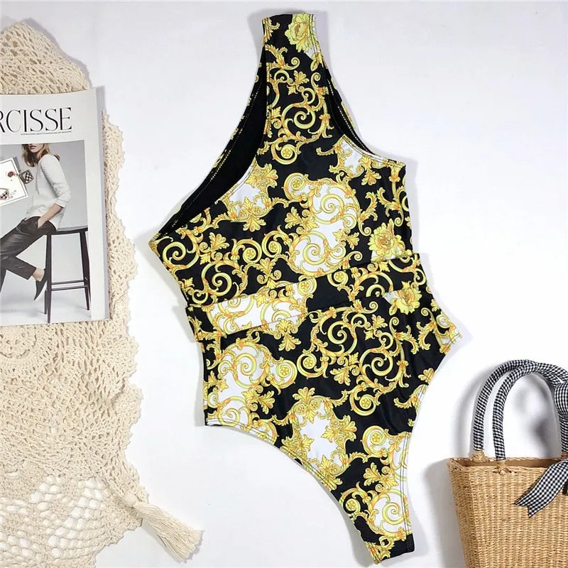 Print one piece swimsuit female Push up bodysuit Vintage high cut swimwear women swimsuit Bathers