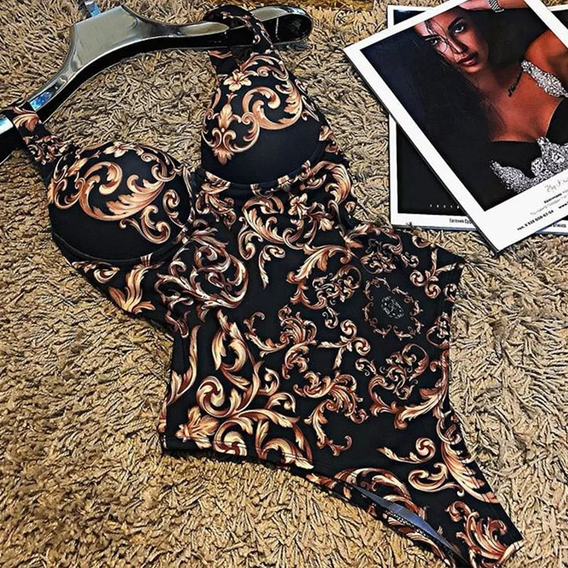 Print one piece swimsuit female Push up bodysuit Vintage high cut swimwear women swimsuit Bathers