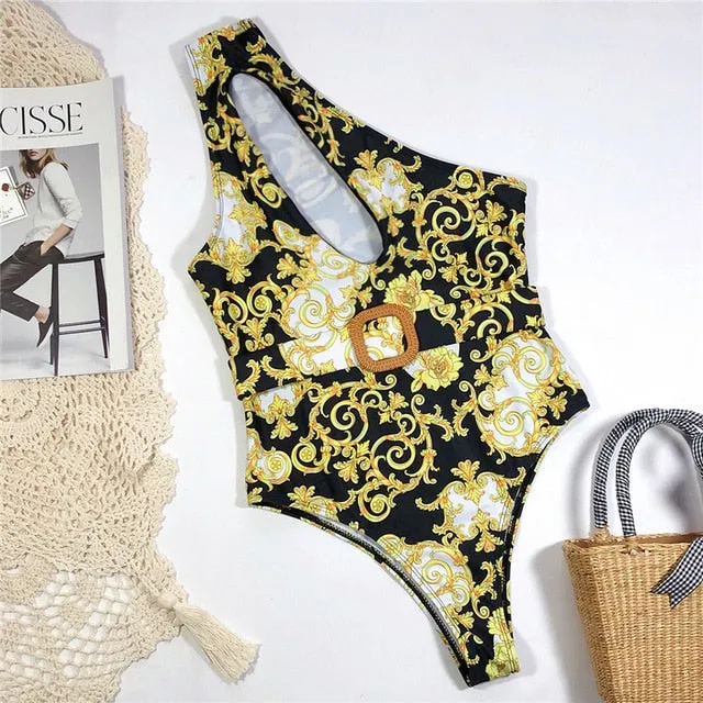 Print one piece swimsuit female Push up bodysuit Vintage high cut swimwear women swimsuit Bathers
