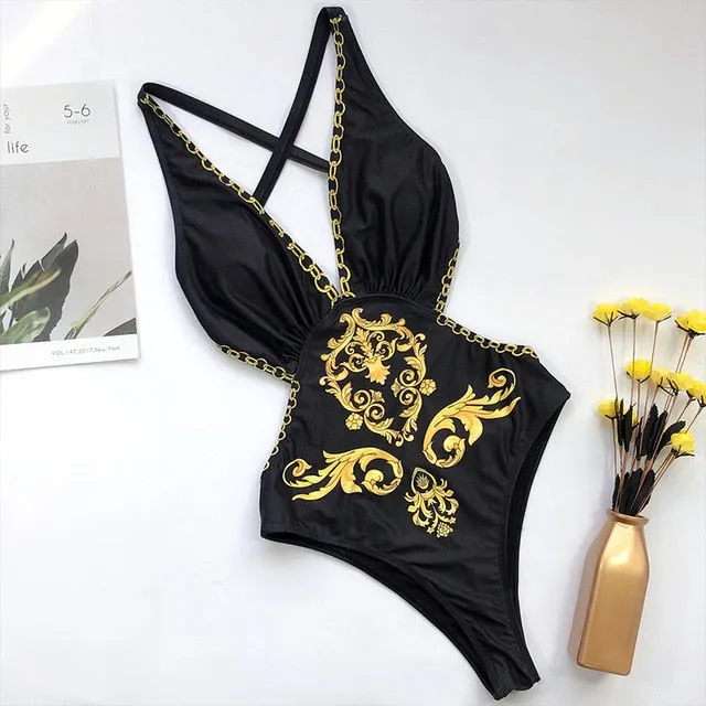 Print one piece swimsuit female Push up bodysuit Vintage high cut swimwear women swimsuit Bathers