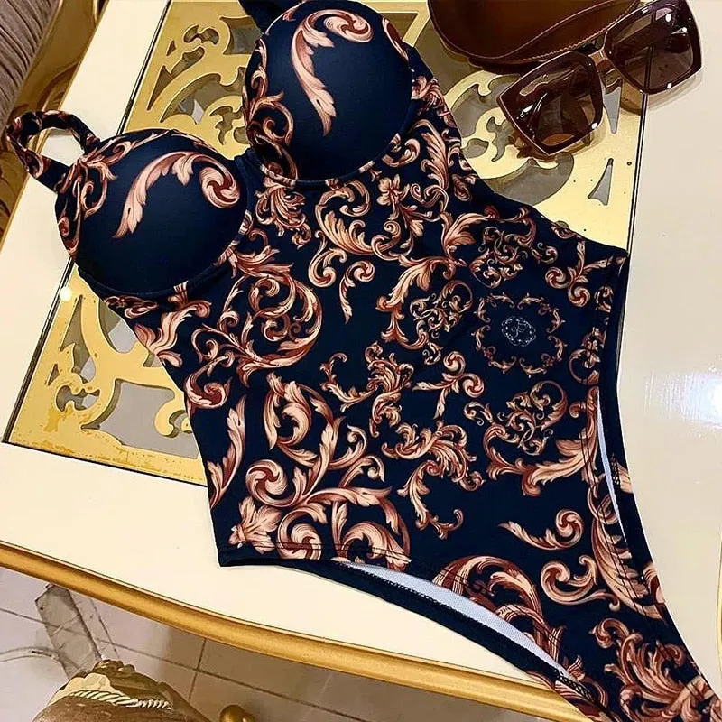 Print one piece swimsuit female Push up bodysuit Vintage high cut swimwear women swimsuit Bathers