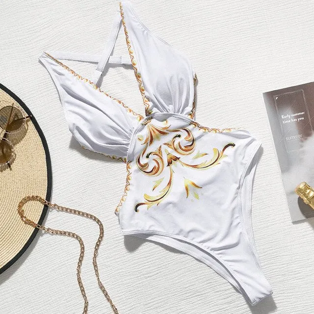 Print one piece swimsuit female Push up bodysuit Vintage high cut swimwear women swimsuit Bathers