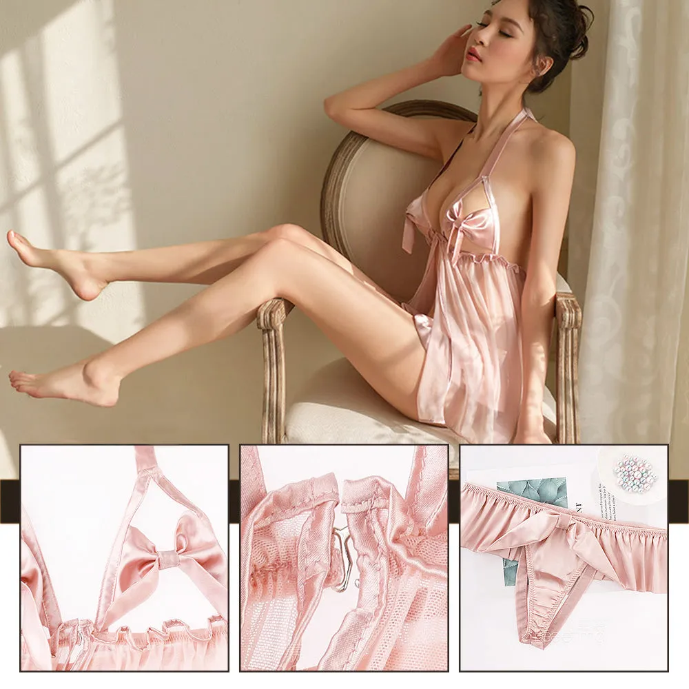 Sexy Bowknot Cupless Halter Lingerie Sheer Mesh Satin Sleepwear