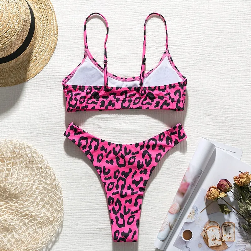 Strappy leopard print Bandeau bhigh cut thong swimwear Push up sexy bathing suit Bikini