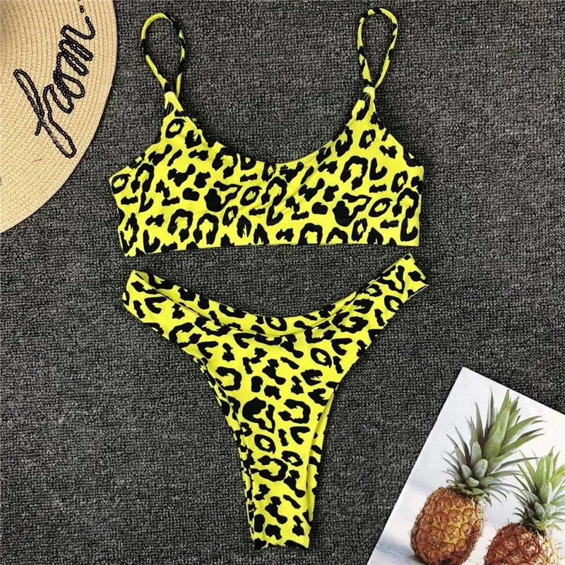 Strappy leopard print Bandeau bhigh cut thong swimwear Push up sexy bathing suit Bikini