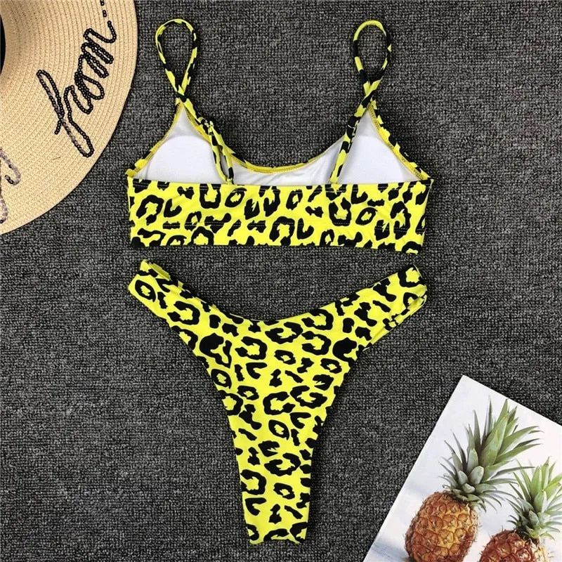 Strappy leopard print Bandeau bhigh cut thong swimwear Push up sexy bathing suit Bikini