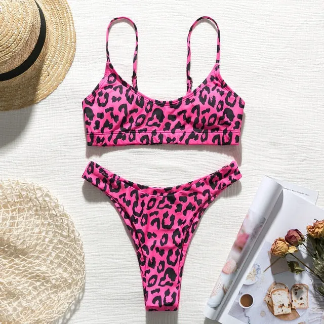 Strappy leopard print Bandeau bhigh cut thong swimwear Push up sexy bathing suit Bikini