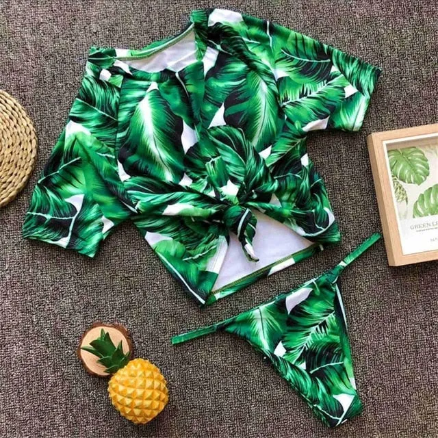 Two Color Contrast Sleeved Sexy High Cut Sport Bikini