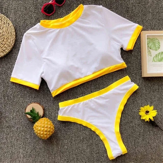 Two Color Contrast Sleeved Sexy High Cut Sport Bikini