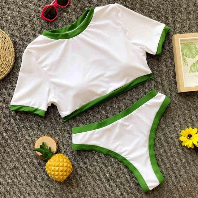Two Color Contrast Sleeved Sexy High Cut Sport Bikini